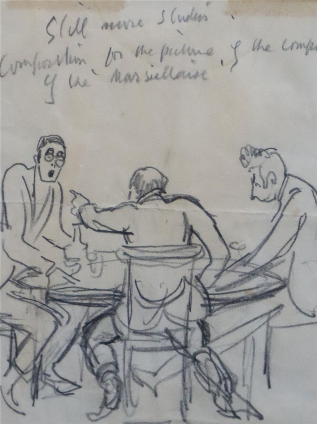 Sir Alfred Munnings (1878-1959) Three men around a table, inscribed Still more studies, confirmation for the picture of the composing